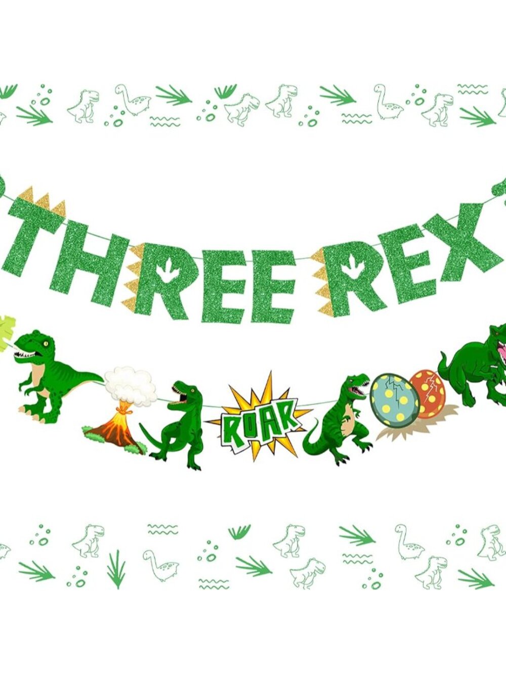 Dinosaur 3rd Birthday Banner Three Rex Birthday Party Decorations Green Glittery